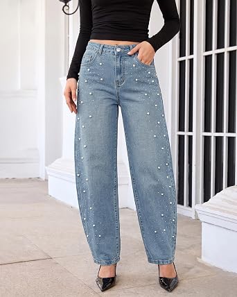 GRAPENT Barrel Jeans Women Rhinestone Pearl Embellished Sparkly Denim Pants High Waisted Jeans, Barrel Leg, Rhinestone and Pearl Embellished, Stretchy Denim Fabric, 29'' Inseam, Trendy, Dressy Casual