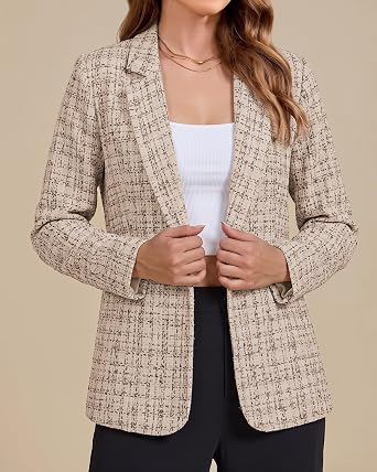 GRAPENT Tweed Blazers for Women Plaid Jacket Long Sleeve Work Casual Blazer Notched Lapel, Fully Lined, Shoulder Pads, Single Button, 2 Pockets, Interview, Office outfits, Business Casual Blazers
