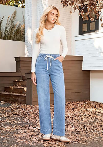 GRAPENT Jeans for Women Straight Leg High Rise Pull On Stretchy Denim Pants | Straight Wide Leg Jeans, High Waisted Fit, Elastic Waist, 29.5" Inseam, Work Office Outfits, Casual Daily Wear