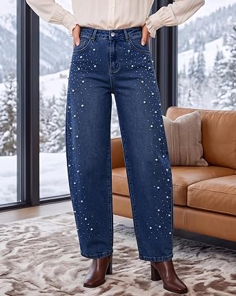 GRAPENT Barrel Jeans Women Rhinestone Pearl Embellished Sparkly Denim Pants High Waisted Jeans, Barrel Leg, Rhinestone and Pearl Embellished, Stretchy Denim Fabric, 29'' Inseam, Trendy, Dressy Casual