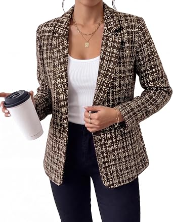 GRAPENT Tweed Blazers for Women Plaid Jacket Long Sleeve Work Casual Blazer Notched Lapel, Fully Lined, Shoulder Pads, Single Button, 2 Pockets, Interview, Office outfits, Business Casual Blazers