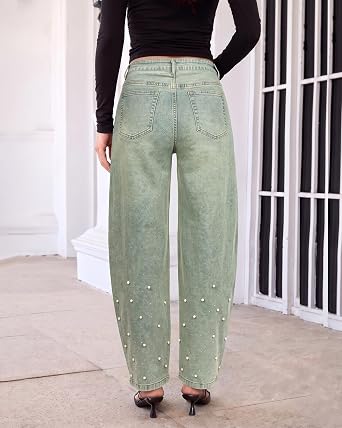 GRAPENT Barrel Jeans Women Rhinestone Pearl Embellished Sparkly Denim Pants High Waisted Jeans, Barrel Leg, Rhinestone and Pearl Embellished, Stretchy Denim Fabric, 29'' Inseam, Trendy, Dressy Casual