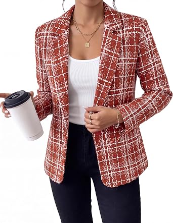 GRAPENT Tweed Blazers for Women Plaid Jacket Long Sleeve Work Casual Blazer Notched Lapel, Fully Lined, Shoulder Pads, Single Button, 2 Pockets, Interview, Office outfits, Business Casual Blazers