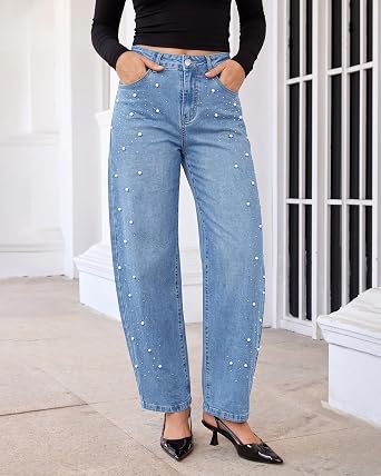 GRAPENT Barrel Jeans Women Rhinestone Pearl Embellished Sparkly Denim Pants High Waisted Jeans, Barrel Leg, Rhinestone and Pearl Embellished, Stretchy Denim Fabric, 29'' Inseam, Trendy, Dressy Casual