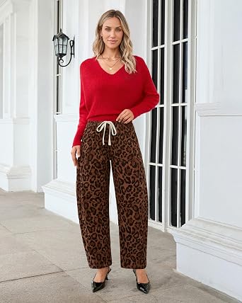 GRAPENT Womens Barrel Corduroy Pants Leopard Cheetah Elastic Waist Trousers Pull On Pants, Barrel Leg, Ankle Length, High Waist with Drawstring, Relaxed Fit, Comfy Fall Winter Pants, Casual Outfits