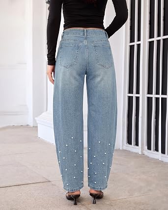 GRAPENT Barrel Jeans Women Rhinestone Pearl Embellished Sparkly Denim Pants High Waisted Jeans, Barrel Leg, Rhinestone and Pearl Embellished, Stretchy Denim Fabric, 29'' Inseam, Trendy, Dressy Casual