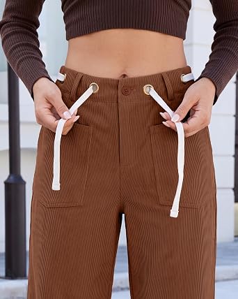 GRAPENT Barrel Corduroy Pants for Women High Waisted Ankle Casual Trousers Barrel Leg, Button-Zip, Elastic Back Waist, Stretchy, Drawstring Waist with Metal Eyelet, Fall Winter Pants, Casual Outfits