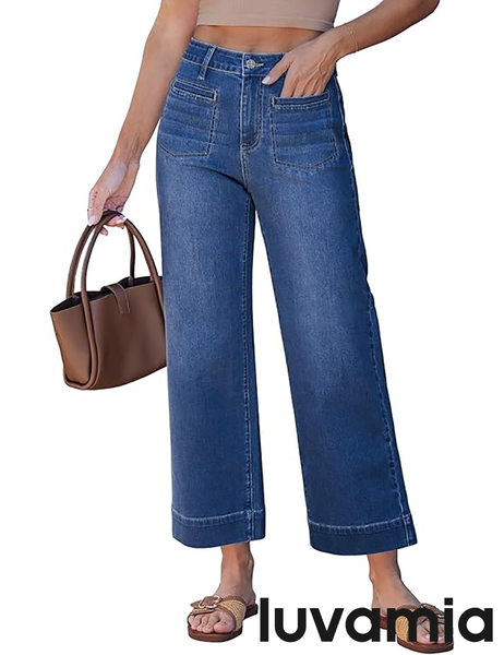 GRAPENT Wide Leg Jeans for Women Cropped High Waisted Trendy Patch Pocket Baggy Loose Straight Leg Stretchy Denim Pants