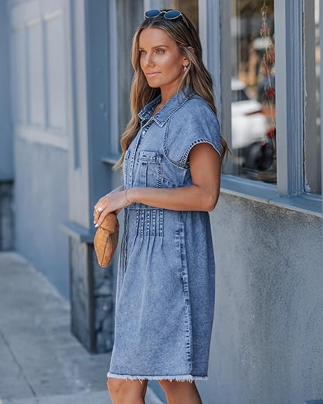GRAPENT Denim Dresses for Women Short Sleeve Babydoll Pleated Raw Hem Distressed Casual Western Jean Dress with Pockets