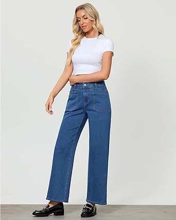 GRAPENT Wide Leg Jeans for Women Trendy High Waisted Loose Straight Leg Stretchy Retro Denim Pants with Pouch Pockets