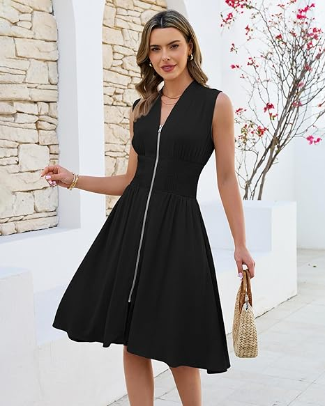 GRAPENT Linen Dresses for Women Summer Casual Flowy V Neck Sleeveless Smocked Zip Beach Vacation Midi Dress with Pockets