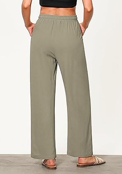 GRAPENT Linen Pants for Women Wide Leg High Waisted Baggy Drawstring Elastic Waist Palazzo Trousers Pants with Pockets