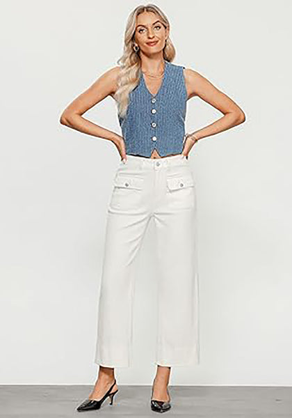 GRAPENT Wide Leg Jeans for Women Trendy High Waisted Straight Leg Cropped Stretchy Denim Pants with Retro Patch Pockets