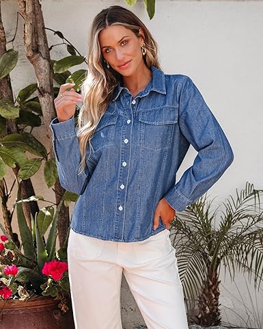 GRAPENT Women's Shirt Rugged Button Down Loose Durable Classic Fitted Denim Blouse Top
