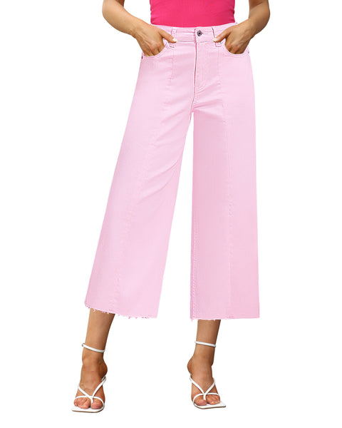 GRAPENT Jean Capris for Women Wide Leg Jeans High Waisted Seamed Front Raw Hem Denim Capri Pants Stretchy