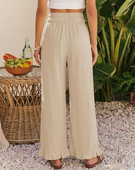 GRAPENT Linen Pants Women Wide Leg Ruffle Hem Pull On High Waisted Elastic Waist Cropped Ankle Casual Beach Summer Pants