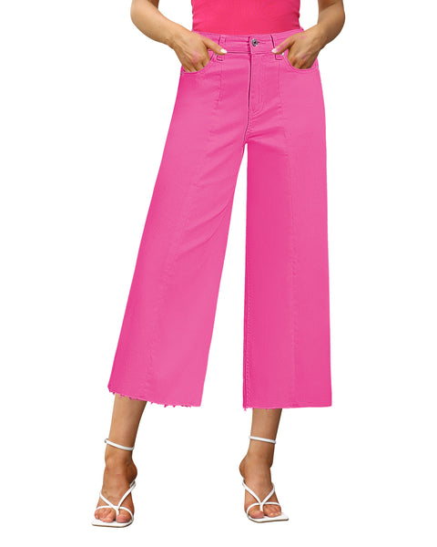 GRAPENT Jean Capris for Women Wide Leg Jeans High Waisted Seamed Front Raw Hem Denim Capri Pants Stretchy