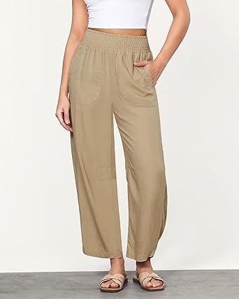GRAPENT Linen Pants Women Wide Leg High Waisted Cropped Barrel Pull On Smocked Elastic Waist Summer Pants with Pockets