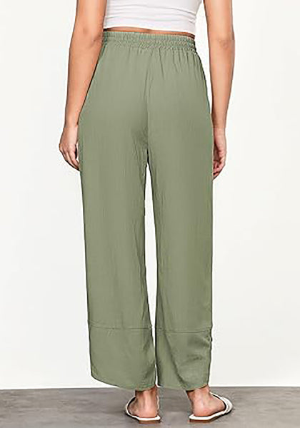 GRAPENT Linen Pants Women High Waisted Wide Leg Casual Beach Pull On Elastic Waist Summer Cropped Pants with Pockets