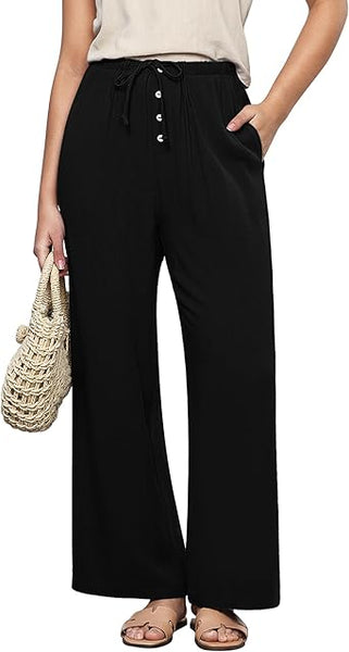 GRAPENT Linen Wide Leg Pants Woman High Waisted Pull On Button Drawstring Baggy Casual Summer Palazzo Pants with Pockets