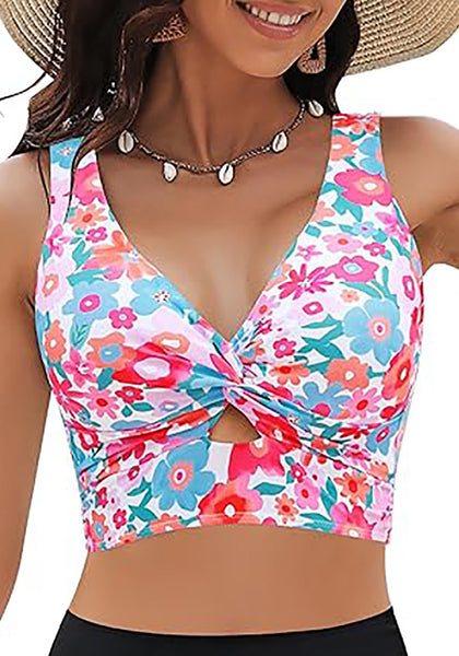 GRAPENT Bikini Tops for Women Cropped Tankini Tops Floral Printed Beach Padded Knot Twist Cut Out Bathing Suit Top Only