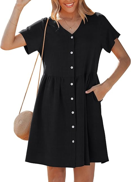 GRAPENT Linen Dresses for Women Casual Summer Babydoll Button Down Short Sleeve V Neck Above Knee Dress with Pockets