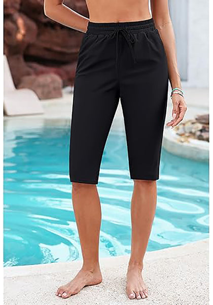 GRAPENT Women's Casual Elastic Waist Swim Pants Drawstring Jammer Knee-Length