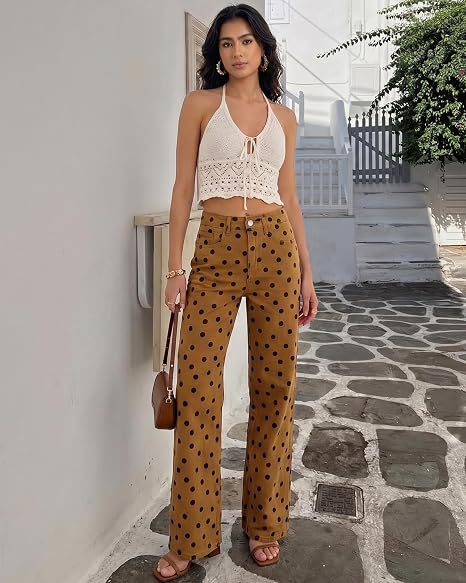 GRAPENT Wide Leg Jeans for Women High Waisted Polka Dot Stretch Denim Pants | Polka Dot, 90s Baggy Straight, High Rise, 29.5 Inch Inseam, Stretchy Jean Pants, Classic 5 Pockets, Business Casual Outfits
