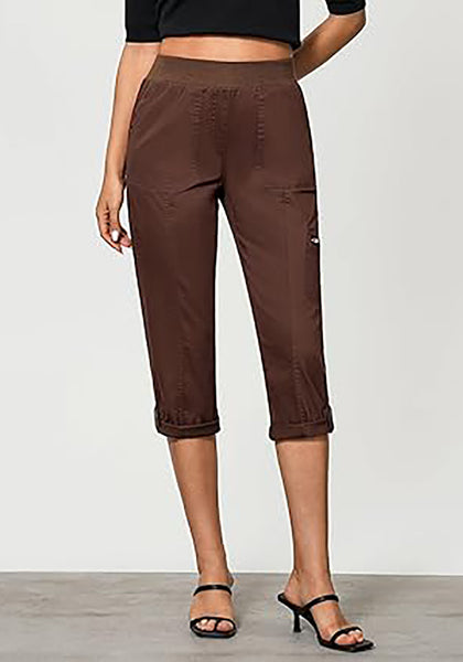 GRAPENT Capri Cargo Pants for Women High Waisted Pull On Elastic Waist Stretch Twill Fold Hem Capris Pants with Pockets