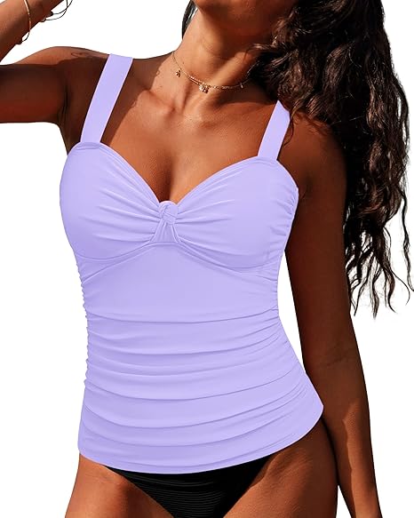 GRAPENT Women's Solid Stretch Ruched Twist Front Tankini Top With No Bottom