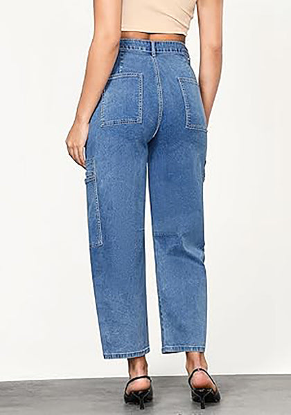 GRAPENT Barrel Jeans for Women Trendy High Waisted Cropped Cargo Pocket Baggy Stretch Denim Pants Wide Leg Tapered Jeans