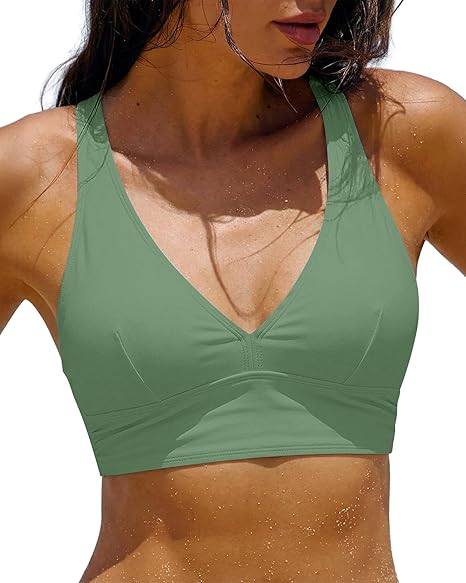 GRAPENT Bikini Top for Women V Neck Ruched Criss Cross Padded Beach Vacation Bathing Suit Modest Cute Swim Suit Top Only