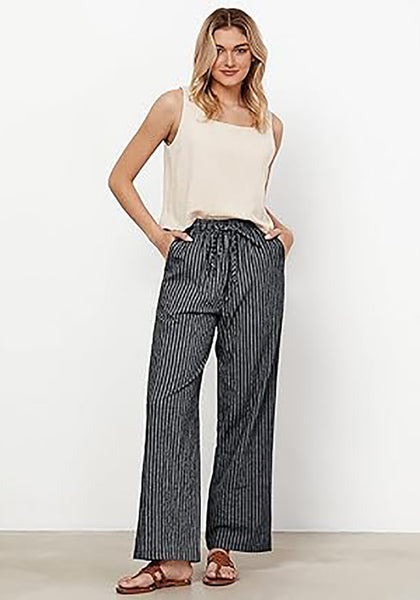 GRAPENT Striped Pants for Women High Waisted Wide Leg Cotton Linen Trendy Beach Pull on Elastic Waist Casual Flowy Pants