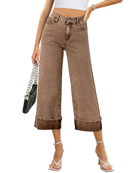 GRAPENT Wide Leg Jeans for Women High Waisted Stretchy Denim Capri Pants Fold Hem Cropped Baggy Capris Jeans with Pocket