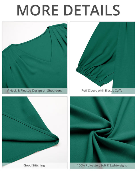 GRAPENT Business Casual Tops for Women Work Blouses Dressy Short Puff Sleeve Office Pleated V Neck Trendy Summer Blouse