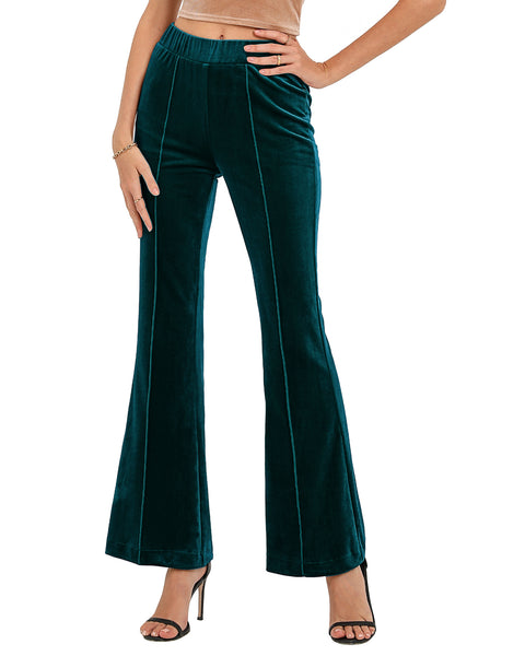GRAPENT Flare Velvet Pants for Women High Waisted Wide Leg Stretch Elastic Waist Pull On Trousers Front Seam Slacks
