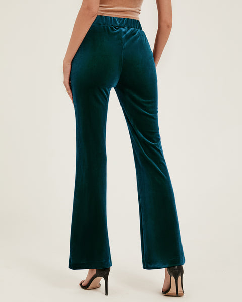 GRAPENT Flare Velvet Pants for Women High Waisted Wide Leg Stretch Elastic Waist Pull On Trousers Front Seam Slacks
