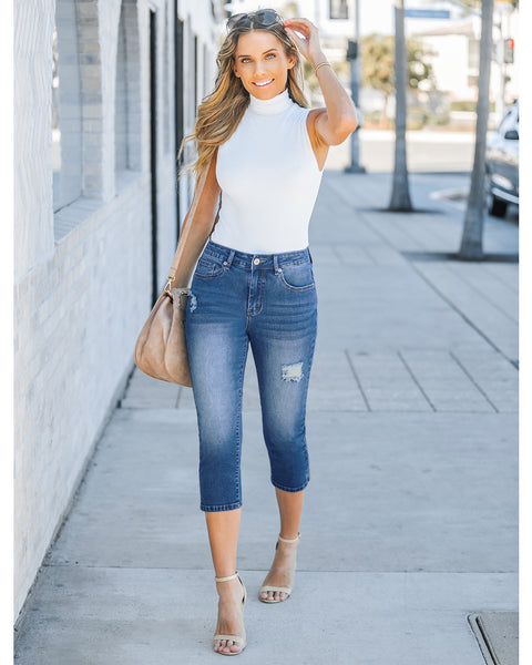 GRAPENT Capris Jeans for Women High Waisted Stretchy Ripped Skinny Denim Capri Pants Distressed Cropped Jeggings Casual