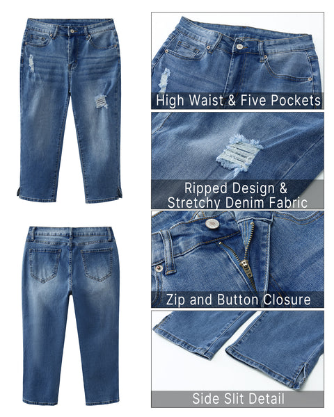 GRAPENT Capris Jeans for Women High Waisted Stretchy Ripped Skinny Denim Capri Pants Distressed Cropped Jeggings Casual
