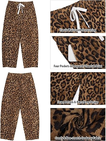 GRAPENT Womens Barrel Corduroy Pants Leopard Cheetah Elastic Waist Trousers Pull On Pants, Barrel Leg, Ankle Length, High Waist with Drawstring, Relaxed Fit, Comfy Fall Winter Pants, Casual Outfits