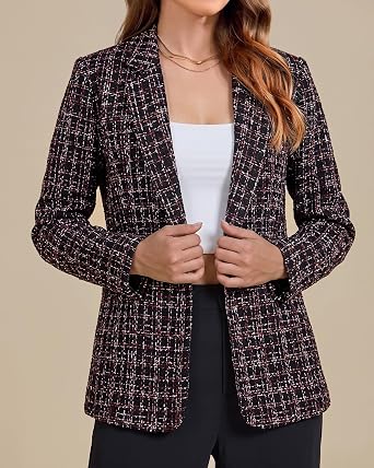 GRAPENT Tweed Blazers for Women Plaid Jacket Long Sleeve Work Casual Blazer Notched Lapel, Fully Lined, Shoulder Pads, Single Button, 2 Pockets, Interview, Office outfits, Business Casual Blazers