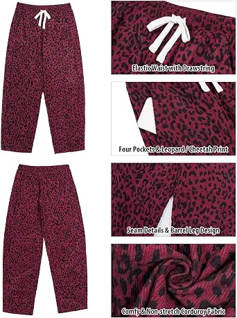 GRAPENT Womens Barrel Corduroy Pants Leopard Cheetah Elastic Waist Trousers Pull On Pants, Barrel Leg, Ankle Length, High Waist with Drawstring, Relaxed Fit, Comfy Fall Winter Pants, Casual Outfits