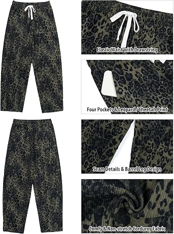 GRAPENT Womens Barrel Corduroy Pants Leopard Cheetah Elastic Waist Trousers Pull On Pants, Barrel Leg, Ankle Length, High Waist with Drawstring, Relaxed Fit, Comfy Fall Winter Pants, Casual Outfits