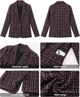 GRAPENT Tweed Blazers for Women Plaid Jacket Long Sleeve Work Casual Blazer Notched Lapel, Fully Lined, Shoulder Pads, Single Button, 2 Pockets, Interview, Office outfits, Business Casual Blazers
