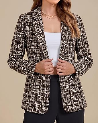 GRAPENT Tweed Blazers for Women Plaid Jacket Long Sleeve Work Casual Blazer Notched Lapel, Fully Lined, Shoulder Pads, Single Button, 2 Pockets, Interview, Office outfits, Business Casual Blazers