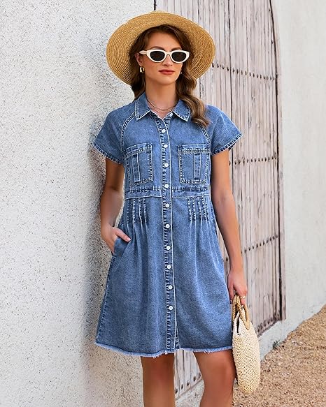 GRAPENT Denim Dresses for Women Short Sleeve Babydoll Pleated Raw Hem Distressed Casual Western Jean Dress with Pockets