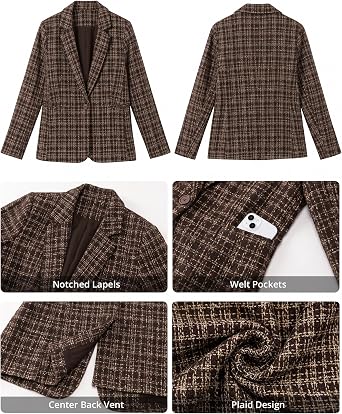 GRAPENT Tweed Blazers for Women Plaid Jacket Long Sleeve Work Casual Blazer Notched Lapel, Fully Lined, Shoulder Pads, Single Button, 2 Pockets, Interview, Office outfits, Business Casual Blazers