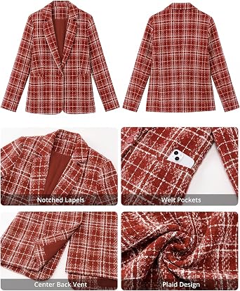 GRAPENT Tweed Blazers for Women Plaid Jacket Long Sleeve Work Casual Blazer Notched Lapel, Fully Lined, Shoulder Pads, Single Button, 2 Pockets, Interview, Office outfits, Business Casual Blazers