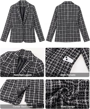 GRAPENT Tweed Blazers for Women Plaid Jacket Long Sleeve Work Casual Blazer Notched Lapel, Fully Lined, Shoulder Pads, Single Button, 2 Pockets, Interview, Office outfits, Business Casual Blazers