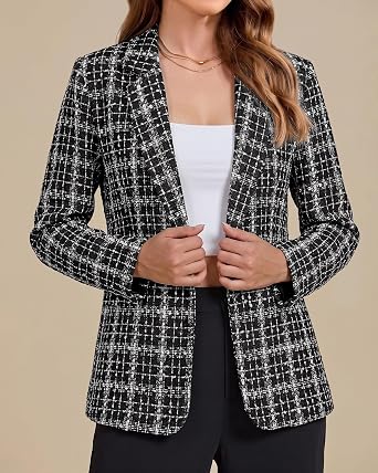 GRAPENT Tweed Blazers for Women Plaid Jacket Long Sleeve Work Casual Blazer Notched Lapel, Fully Lined, Shoulder Pads, Single Button, 2 Pockets, Interview, Office outfits, Business Casual Blazers